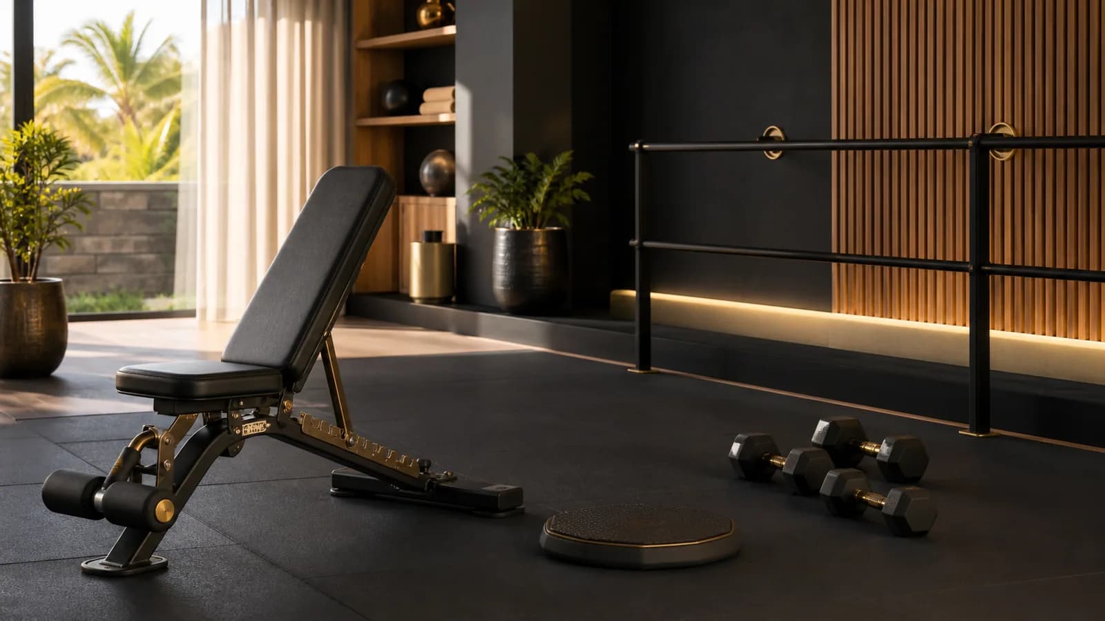 Stable strength bench, light dumbbells and balance pad in a calm gym