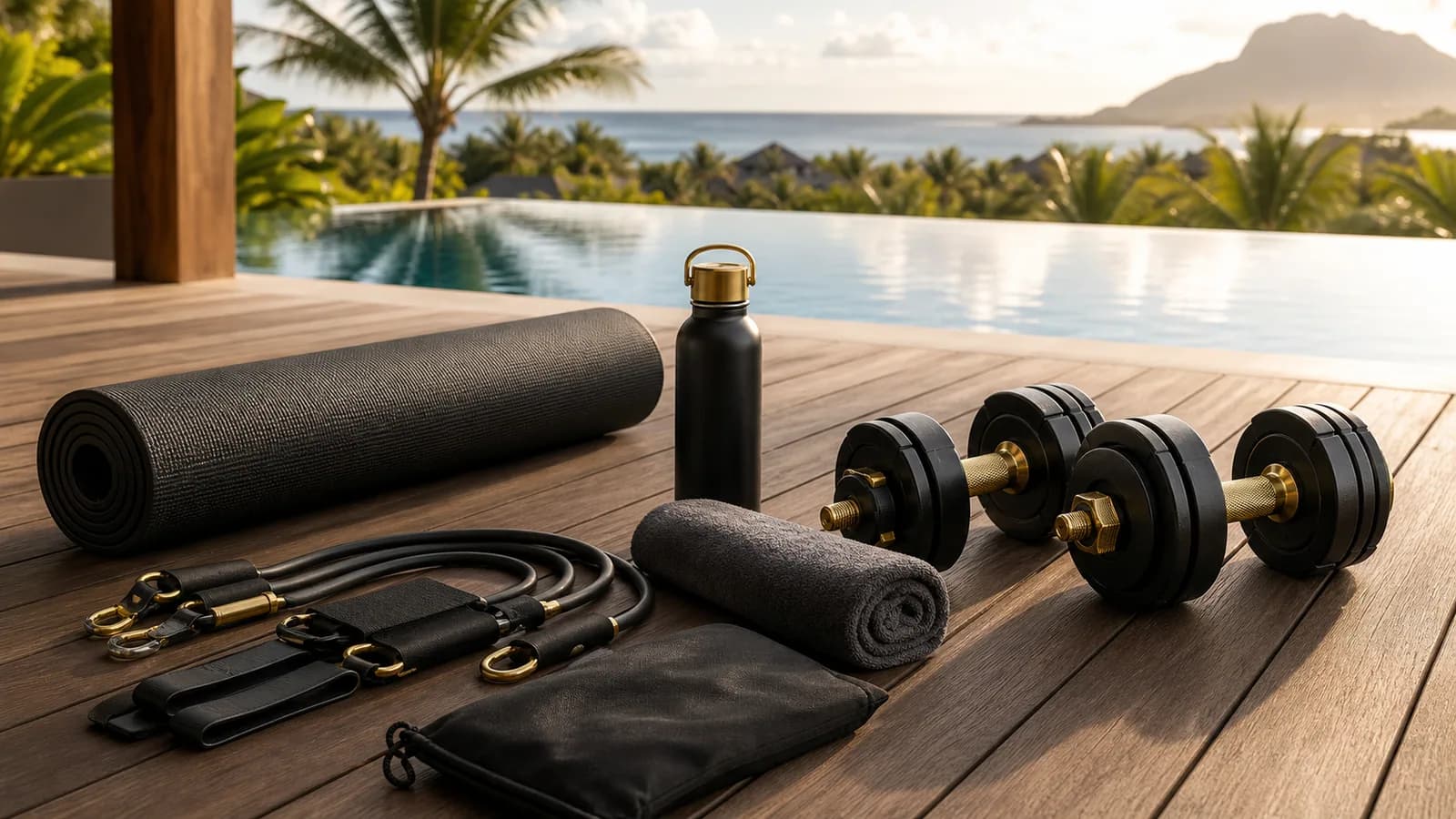 Portable mat, resistance bands and dumbbells arranged on a Mauritius villa terrace
